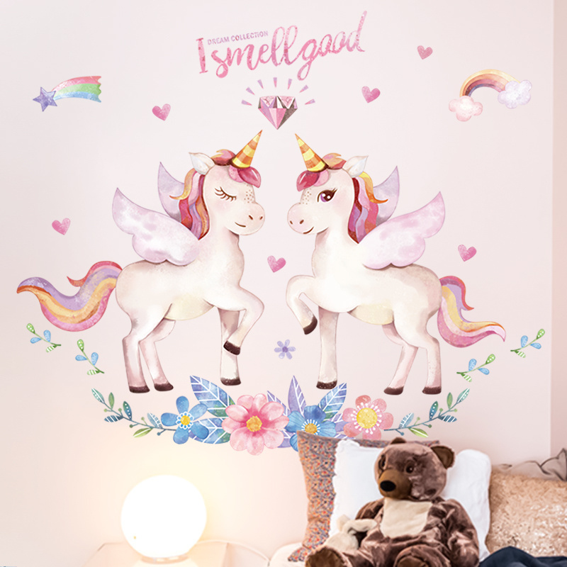 YIYAO Pink Unicorn Princess Room large sticker decoration self adhesive removable children's room kids wall sticker