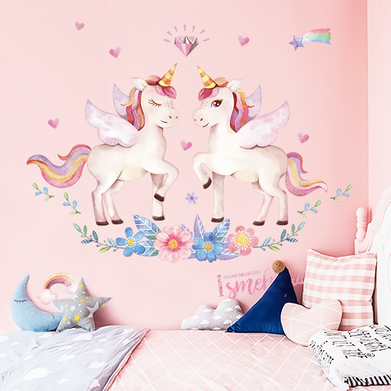 YIYAO Pink Unicorn Princess Room large sticker decoration self adhesive removable children's room kids wall sticker