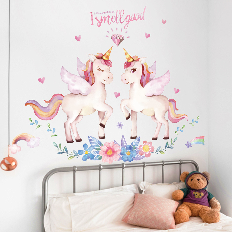 YIYAO Pink Unicorn Princess Room large sticker decoration self adhesive removable children's room kids wall sticker