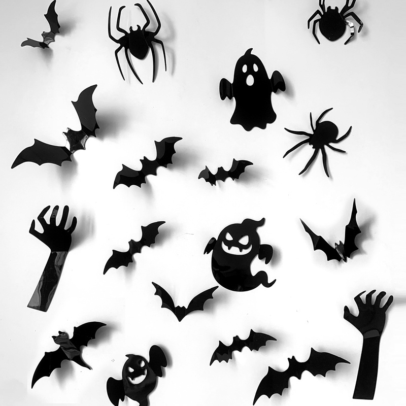 Halloween 3D bat decoration black spider wall stickers plastic bat spider for doors windows decoration