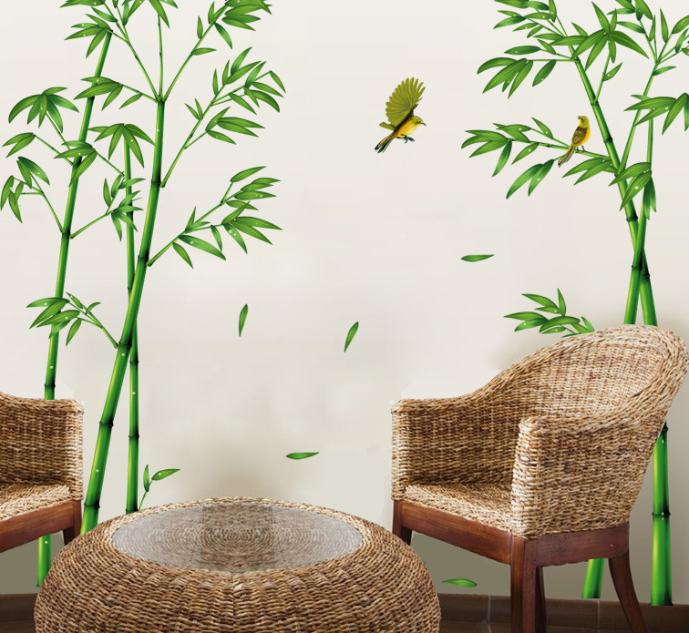 YIYAO Chinese Green Bamboo and Bird Wall Decals Removable Wall Stickers