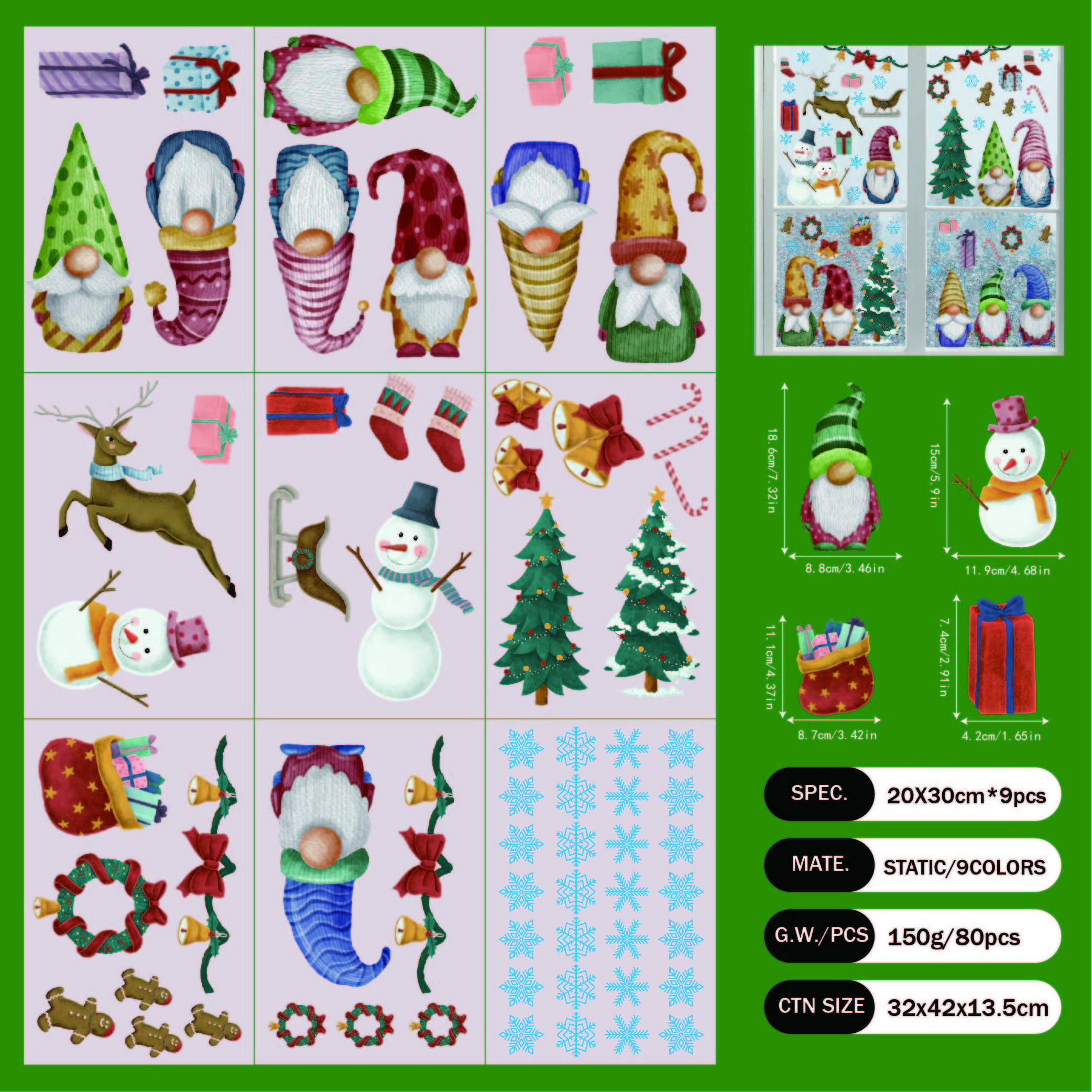 9 sheets Gnome Funny Christmas Window Clings Decals Stickers Removable Party Decorations for Glass Windows Home Office