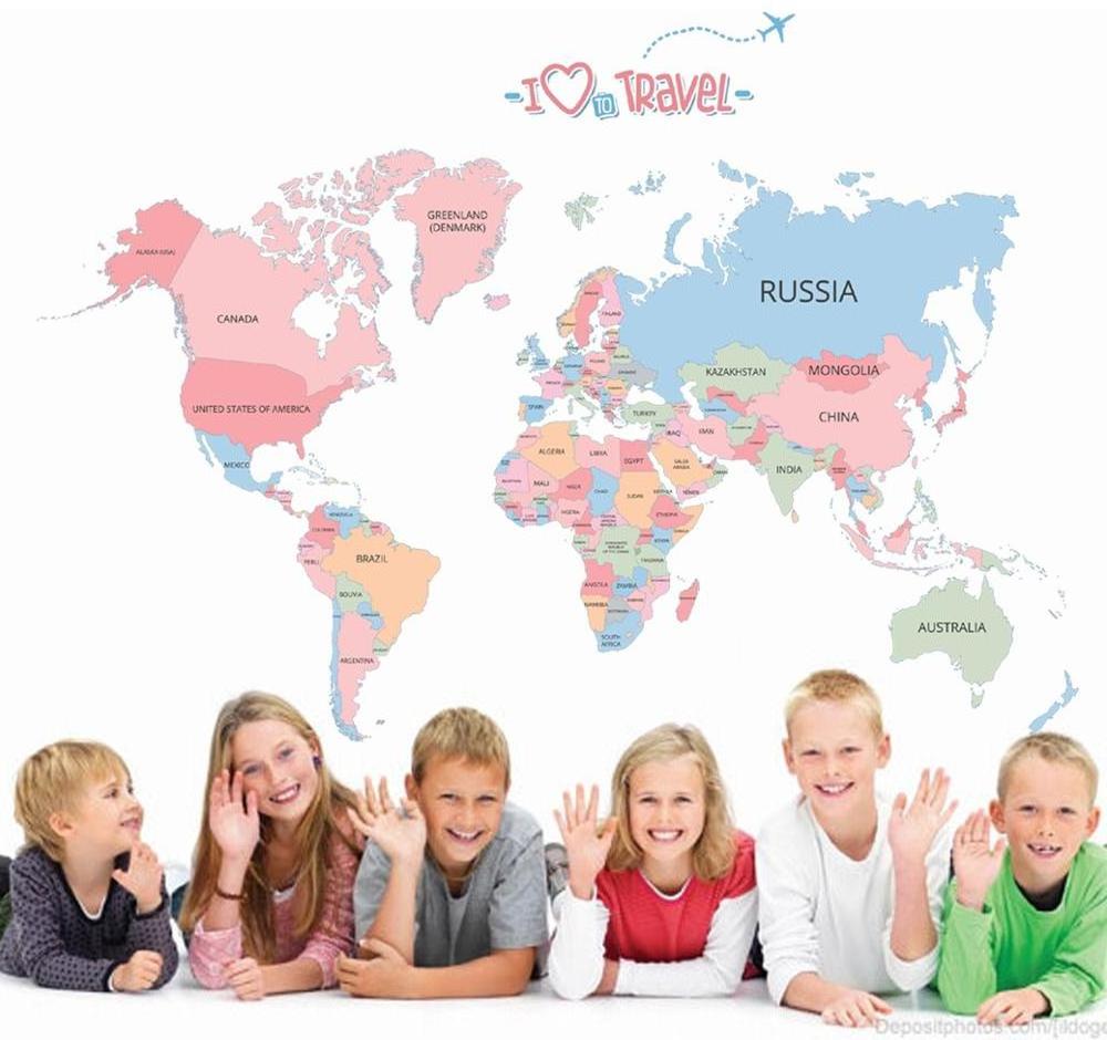 YIYAO Cartoon Background Colorful English Words World Map Wall Art Decals Stickers