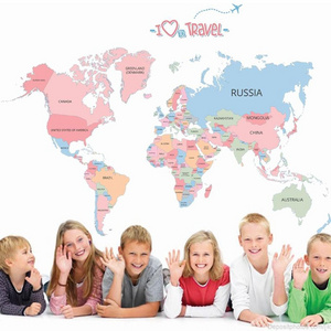 YIYAO Cartoon Background Colorful English Words World Map Wall Art Decals Stickers