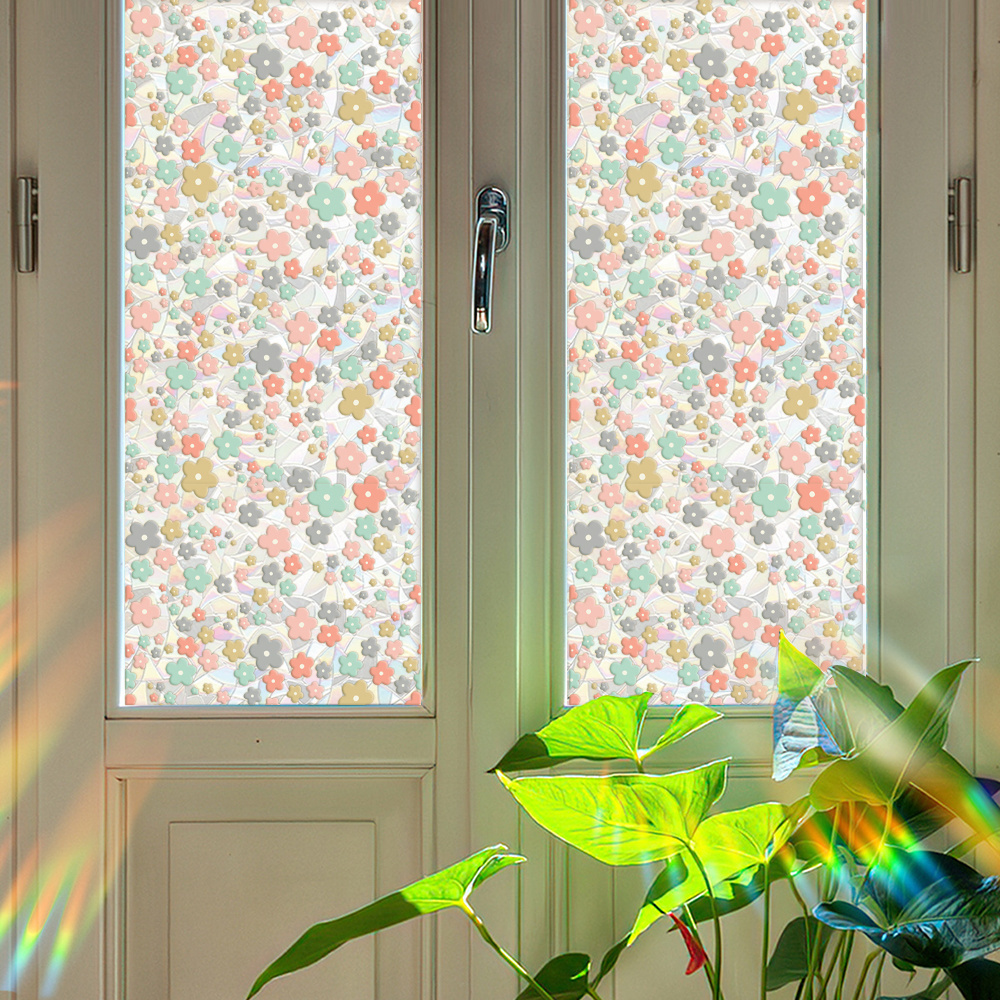 Flowers Window Privacy Film Window Clings 3D Decorative Window Vinyl, Stained Glass Window Decals, Static Cling Window Sticker