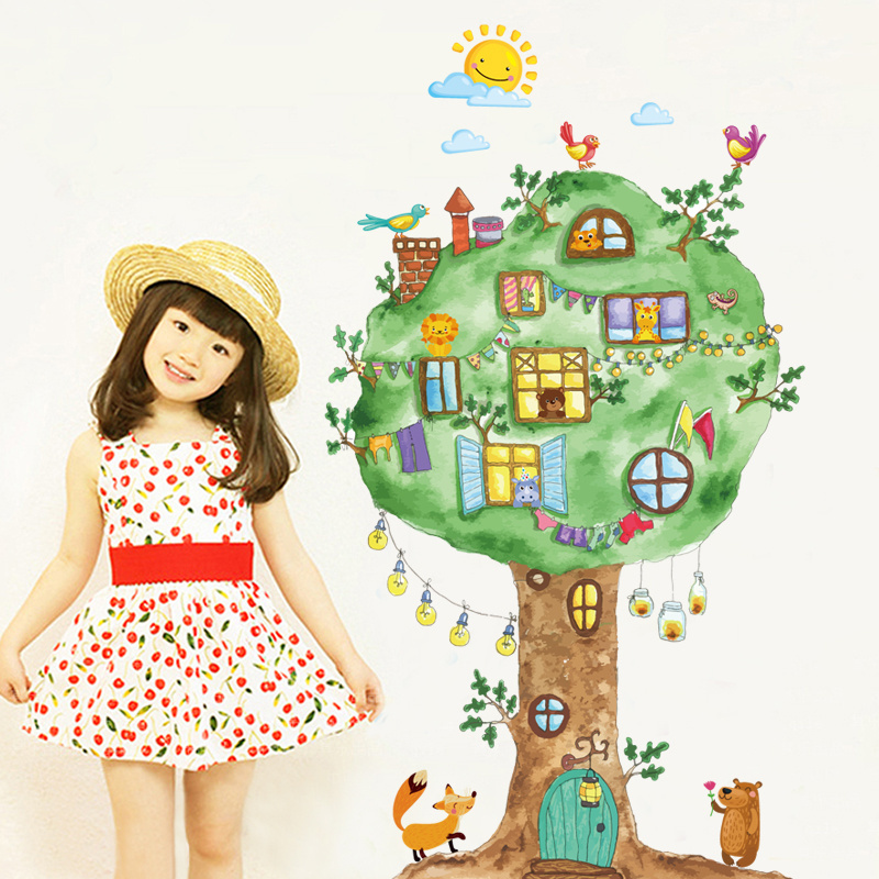 YIYAO Beautiful Tree Animal Wall Decals, Removable Cartoon Animal Wall Sticker