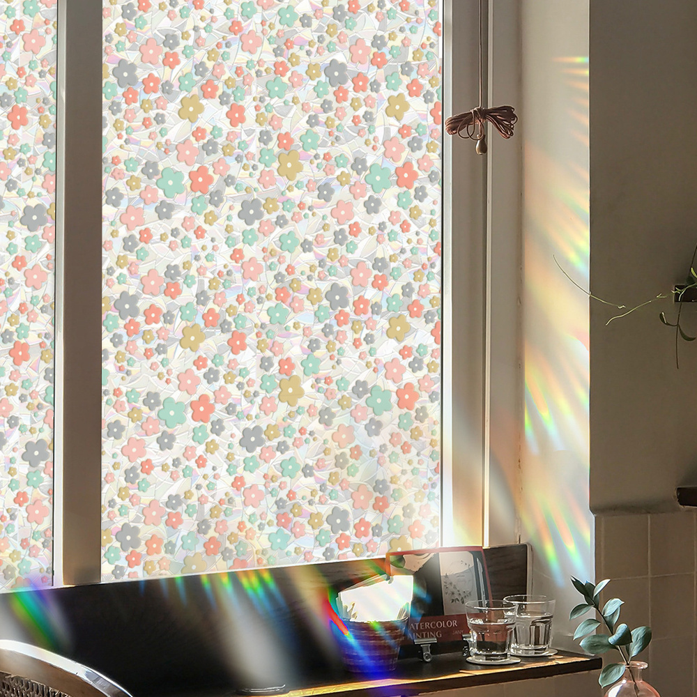 Flowers Window Privacy Film Window Clings 3D Decorative Window Vinyl, Stained Glass Window Decals, Static Cling Window Sticker