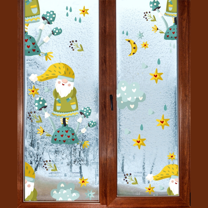 YiYao Green Mushroom Dwarf Series Wall Sticker, Living Room Window Glass Beautifying Decoration, Waterproof, Static Sticker