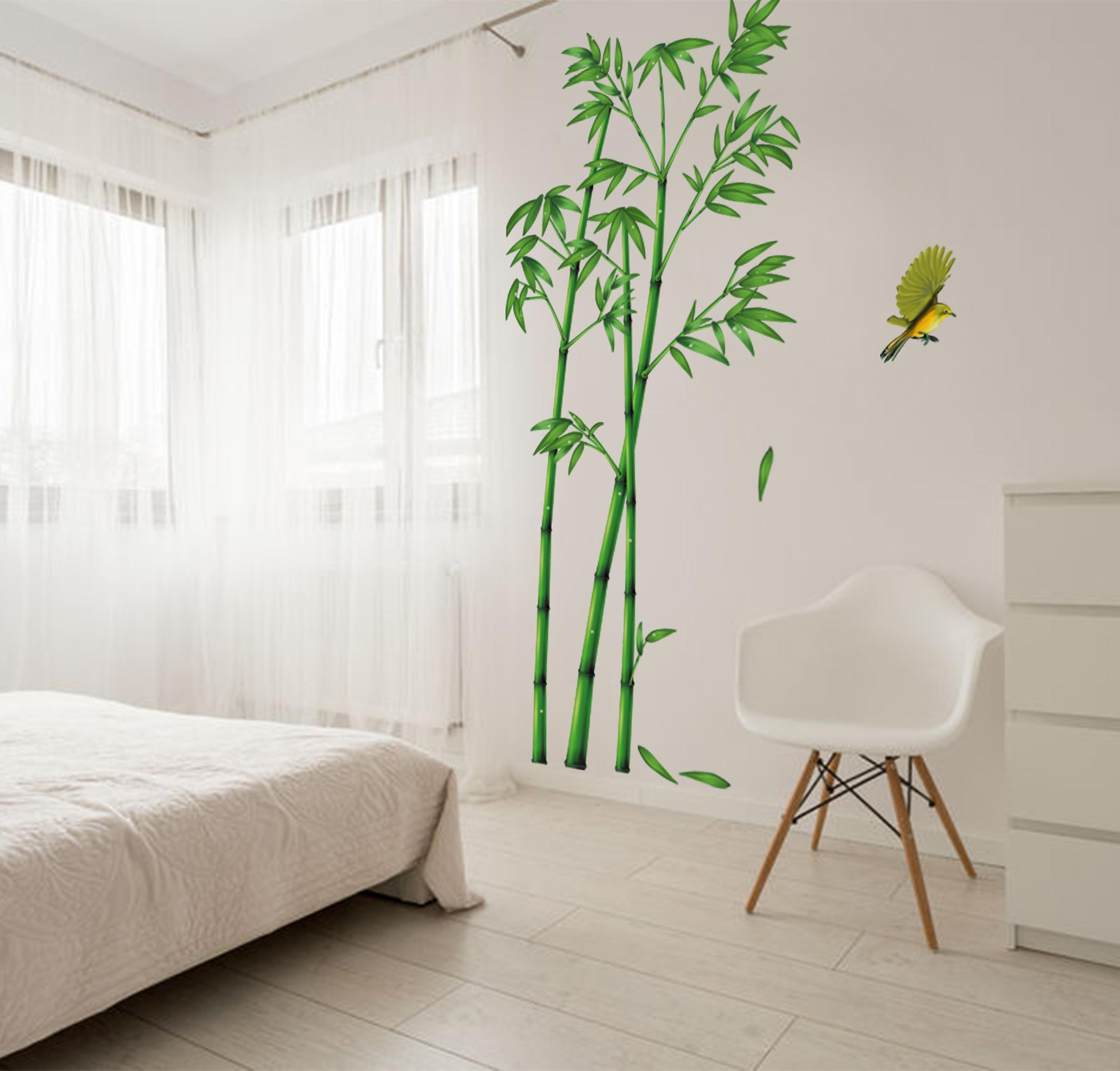 YIYAO Chinese Green Bamboo and Bird Wall Decals Removable Wall Stickers