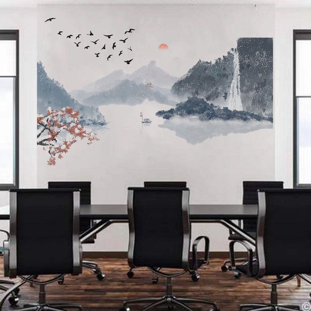 Yiyao Ink Painting Mountain Wall Decals Abstract Landscape Wall Stickers Chinese Style Splash Ink Watercolor Sunset Mountain