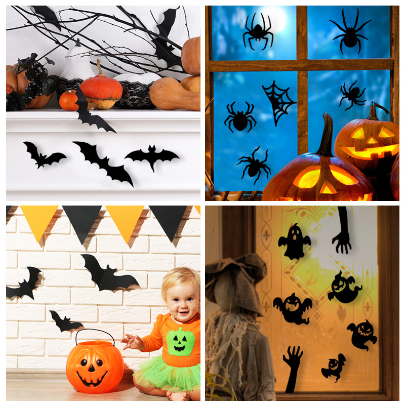 Halloween 3D bat decoration black spider wall stickers plastic bat spider for doors windows decoration