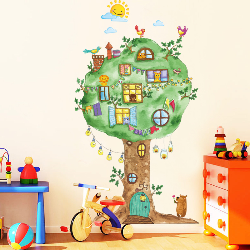 YIYAO Beautiful Tree Animal Wall Decals, Removable Cartoon Animal Wall Sticker