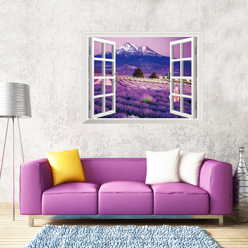 YIYAO 3D Fake Window Wall Decal Lavender Vinyl Wall Sticker Art Home Removable Wall Mural Poster Stickers