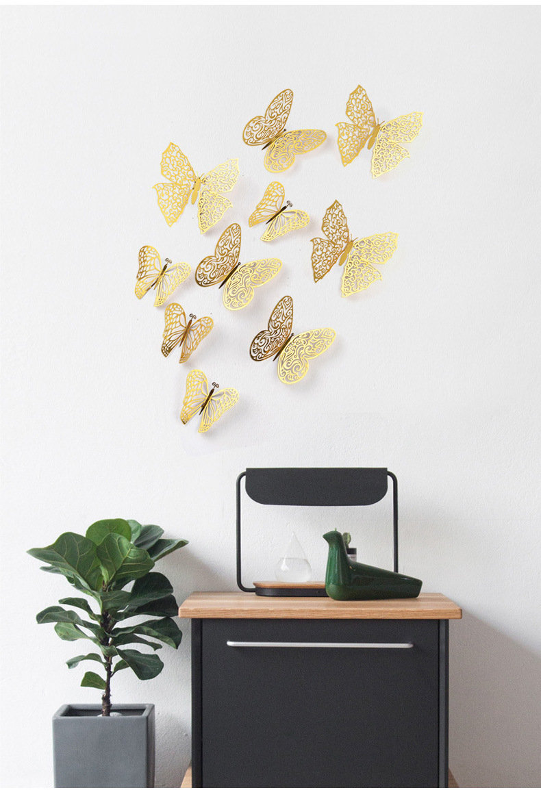 Laser 3D 12pcs Gold Hollow-Out Butterfly Wall Decor Stickers Gold butterfly Wall stickers