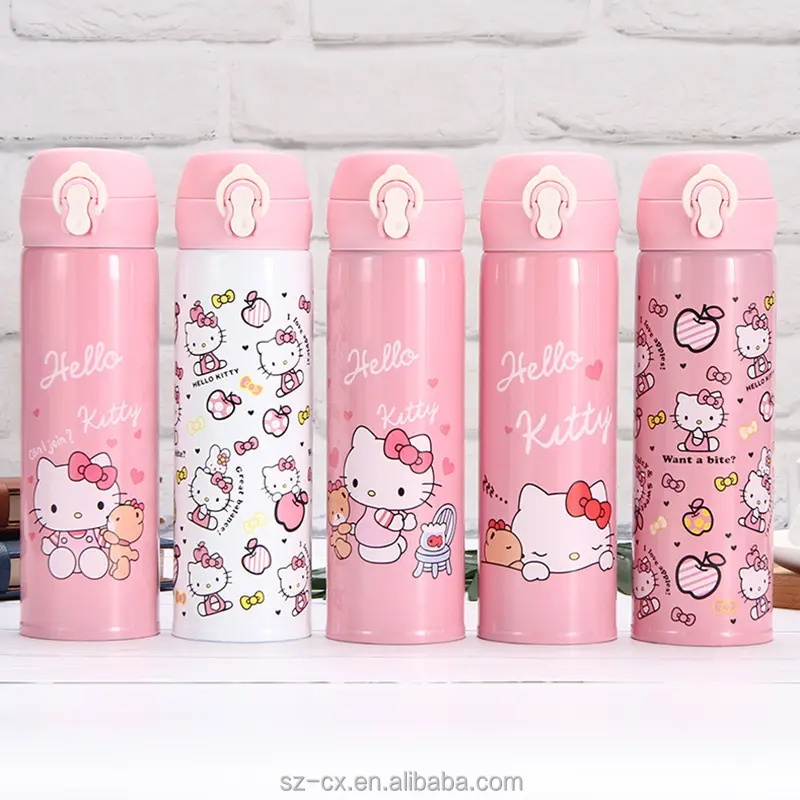 Children Kawaii Cartoon Insulated Thermos Gourde Leak Proof 500ml Vacuum 304 Stainless Steel Pink Blank Kitty Hot Water Bottle