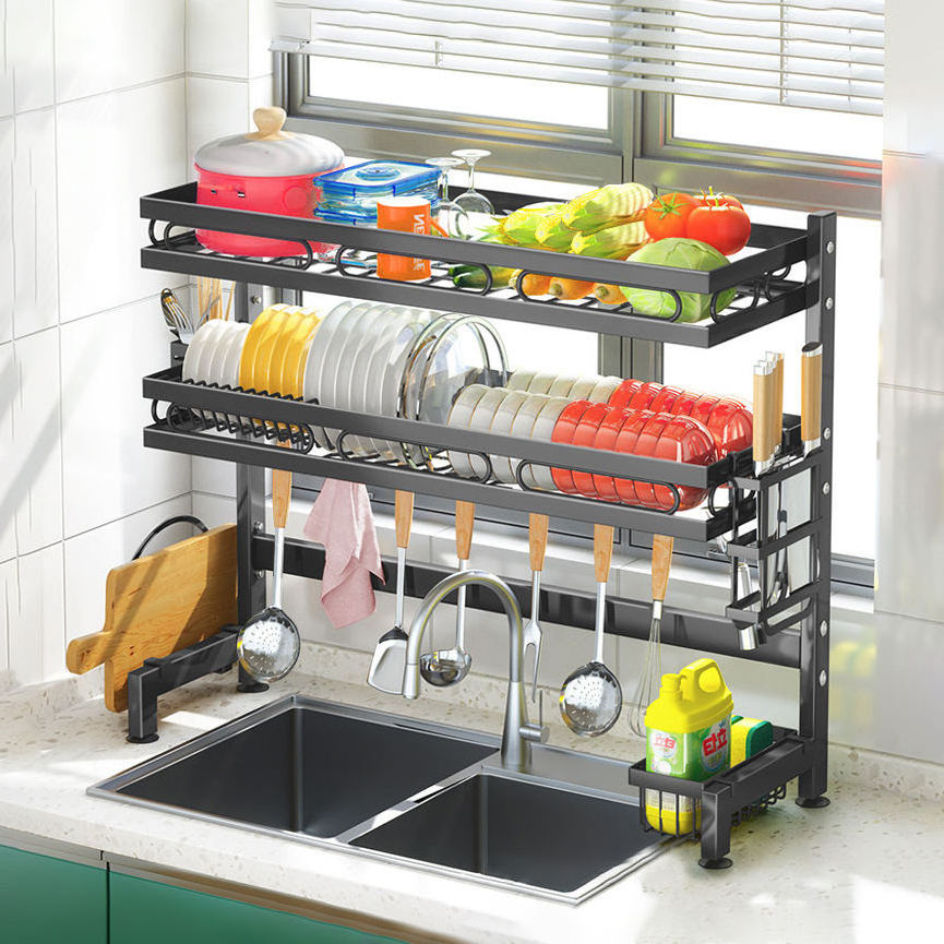 Kitchen Over The Sink Dish Drainer Plate Bowl Rack 2 Tier Metal Standing Dish Drying Rack