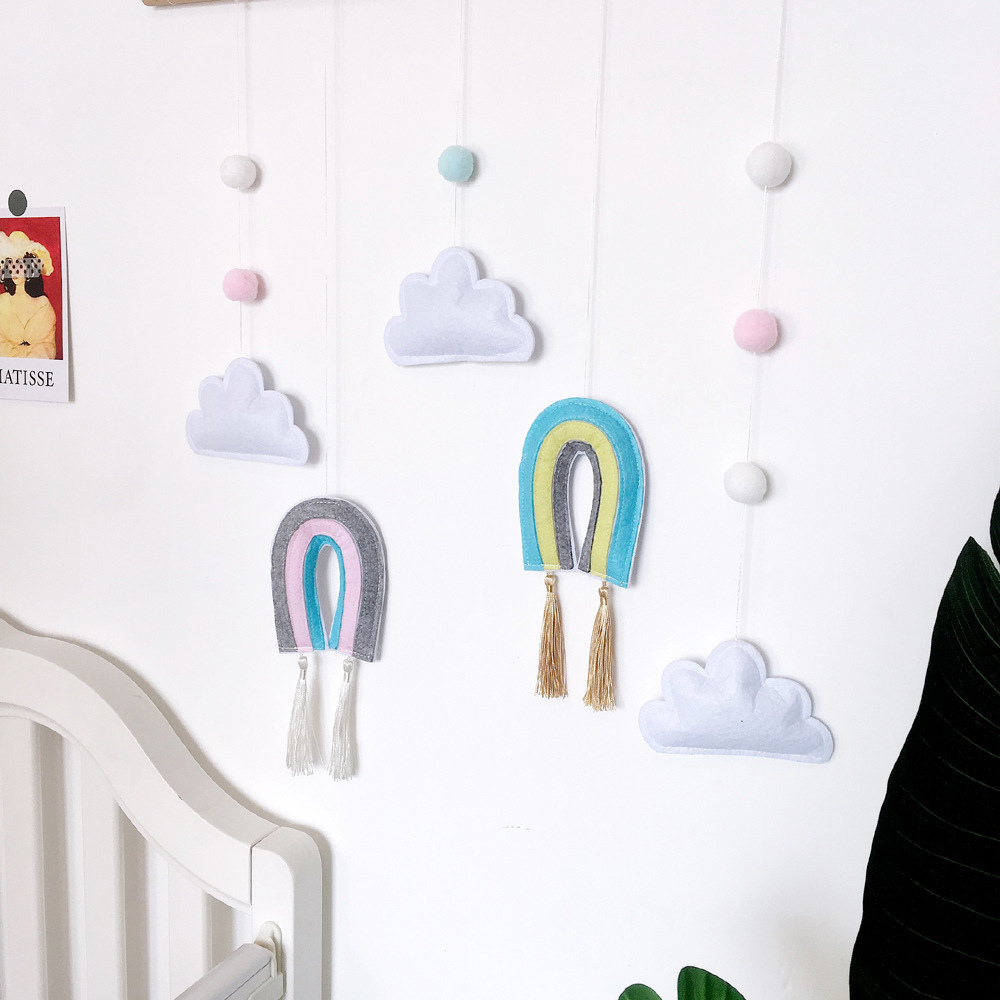 Nordic Style Wooden Stick Wall Hanging Children Home Nursery Decor Tassels Macrame Rainbow Cloud Wool Felt Decor