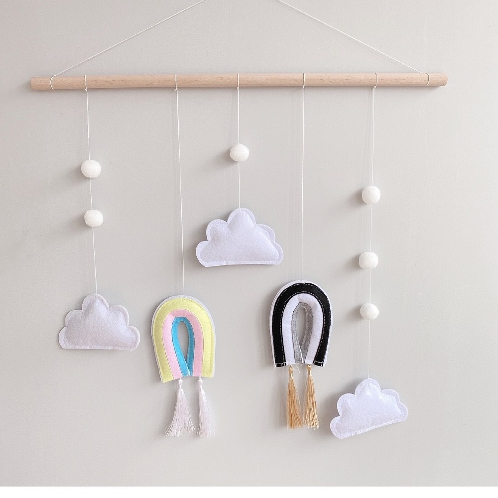 Nordic Style Wooden Stick Wall Hanging Children Home Nursery Decor Tassels Macrame Rainbow Cloud Wool Felt Decor