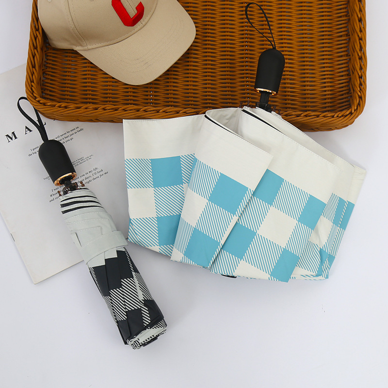 8k Fully Automatic Minimalist Checkered Pattern For Sunny And Rainy Collar With Retro Folding Umbrella