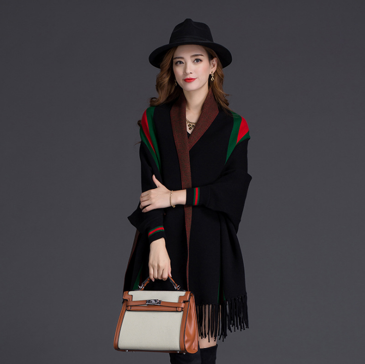 2022 New Hotsale Fashion Poncho With Tassels Brand Pashmina Winter Wool Blend Stripe Woven Sleeve Warm Cashmere Shawl