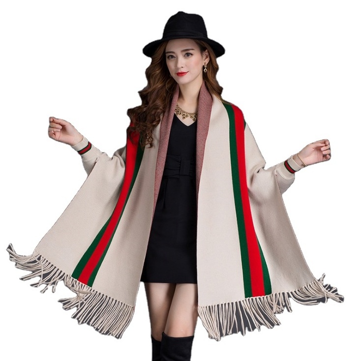 2022 New Hotsale Fashion Poncho With Tassels Brand Pashmina Winter Wool Blend Stripe Woven Sleeve Warm Cashmere Shawl