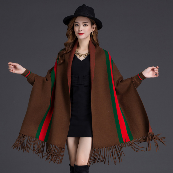 2022 New Hotsale Fashion Poncho With Tassels Brand Pashmina Winter Wool Blend Stripe Woven Sleeve Warm Cashmere Shawl