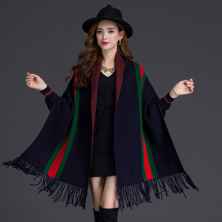 2022 New Hotsale Fashion Poncho With Tassels Brand Pashmina Winter Wool Blend Stripe Woven Sleeve Warm Cashmere Shawl