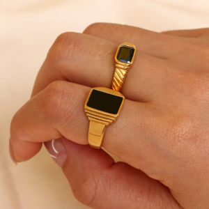 Fashion Jewelry Rings 18K Gold Plated Stainless Steel Striped Black Square Ring For Women