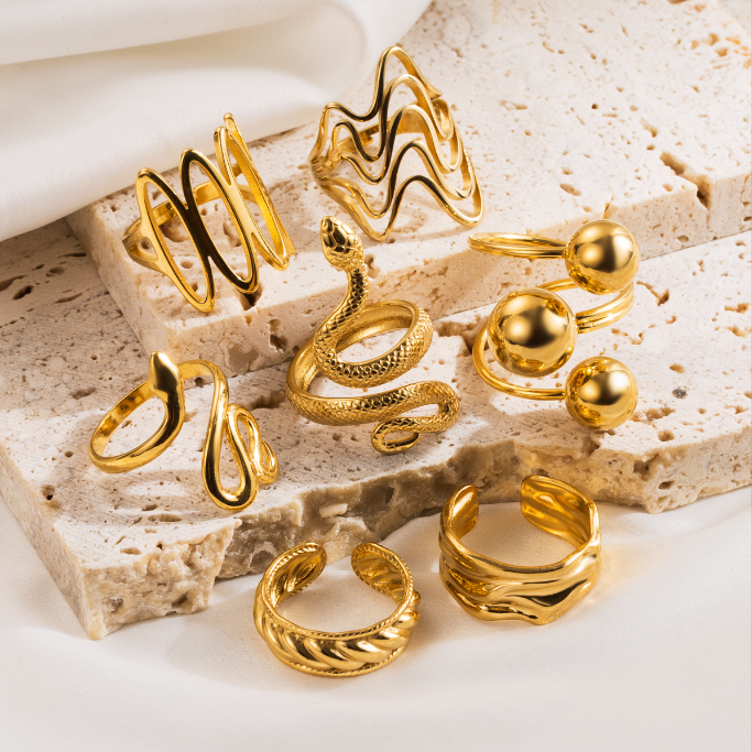 Fashion Jewelry Rings 18K Gold Plated Stainless Steel Vintage Textured Gold Rings For Women