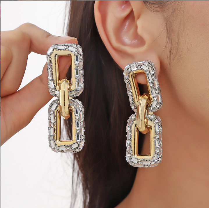 Bling multicolour Rhinestone chain Earrings Stud Fashion Silver Color Crystal Statement for Women Jewelry Wedding Party Earrings