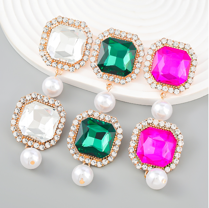 New Trend Rhinestone square alloy diamond pearls Drops Women's Earrings Fashion Wedding Accessories Statement Cute Stud Earrings