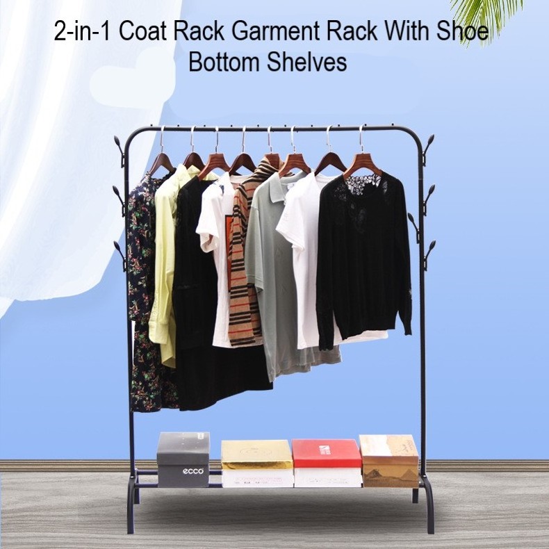 Wholesale Metal Clothes Hanging Rack 2-in-1 Coat Rack Garment Rack With Shoe Bottom Shelves Clothes Organizer With 8 Side Hooks