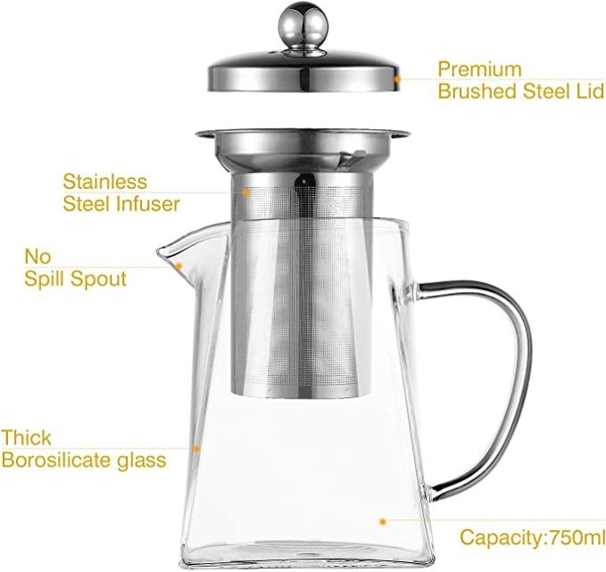 950mL Glass Teapot with Removable Stainless Steel Infuser Glass Tea Kettle Blooming and Loose Leaf Tea Maker With Strainer