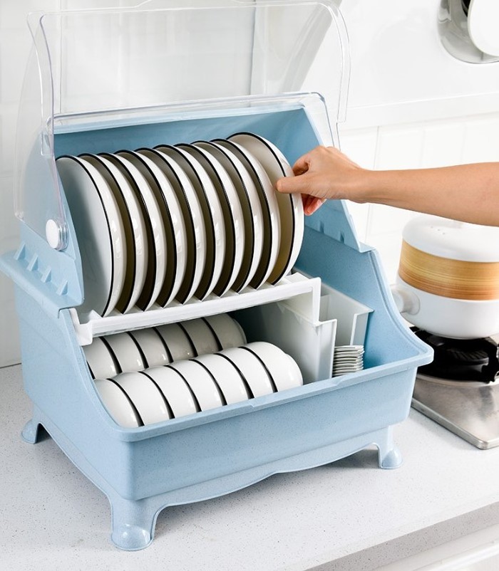 Plastic dish drying drainer with cover 2 layer dish rack with lid