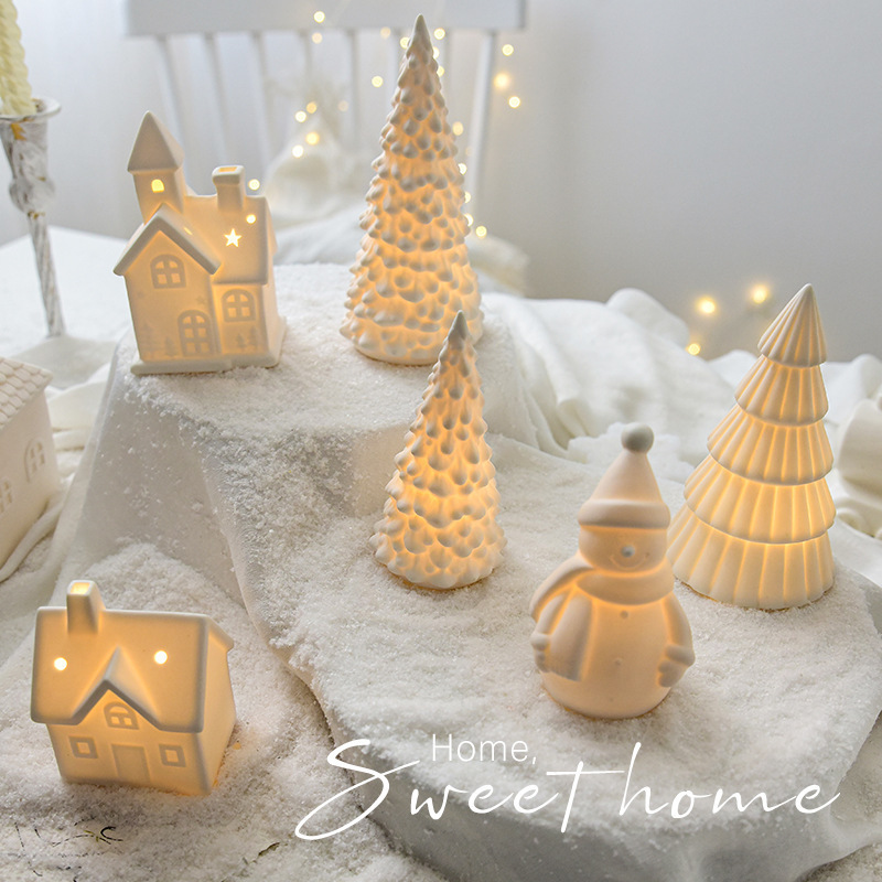 Wholesale Creative Ceramic Mini House Tree Snowman Tabletop baubles glow Christmas gifts 2024 Home Decor