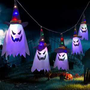 LED Halloween Decoration Flashing Light Ghost Festival Dress Up Halloween Glowing Wizard Ghost Hat Lamp Decor Hanging Lantern