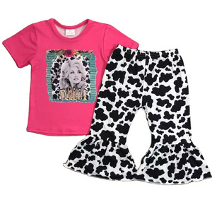 New Arrival Short sleeve flower rose red cow-print bell bottoms for baby girls outfits kids fashion trends