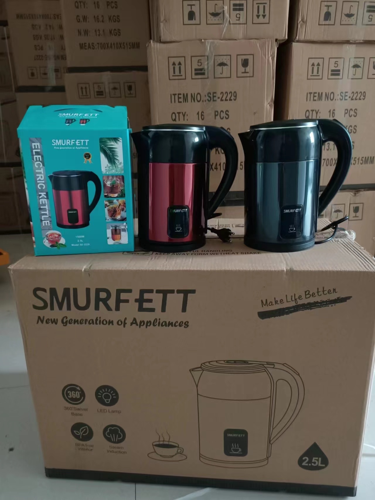 SMURFETT 2229  Household electric  kettle 2.5L capacity kettle British plug European plug stainless steel plastic kettle