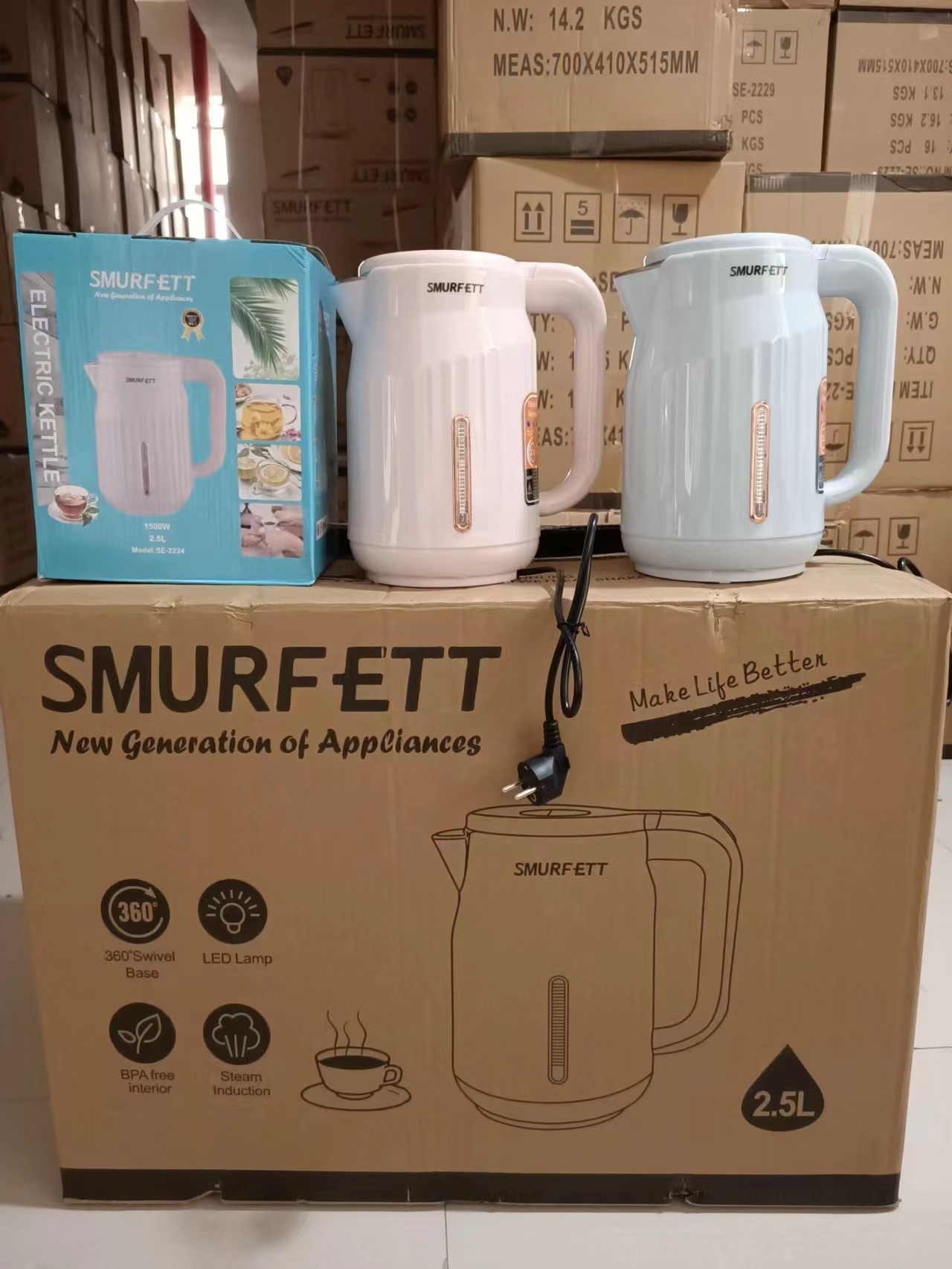 SMURFETT 2224  Household electric  kettle 2.5L capacity kettle British plug European plug stainless steel plastic kettle