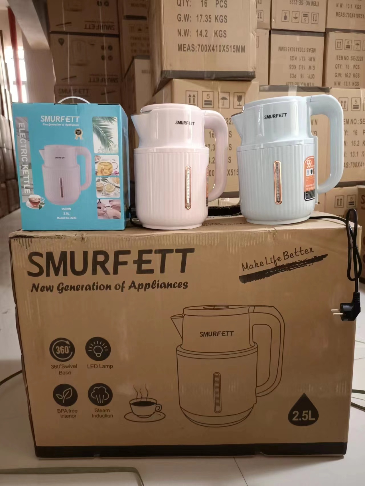 SMURFETT 2223 Household electric  kettle 2.5L capacity kettle British plug European plug stainless steel plastic kettle