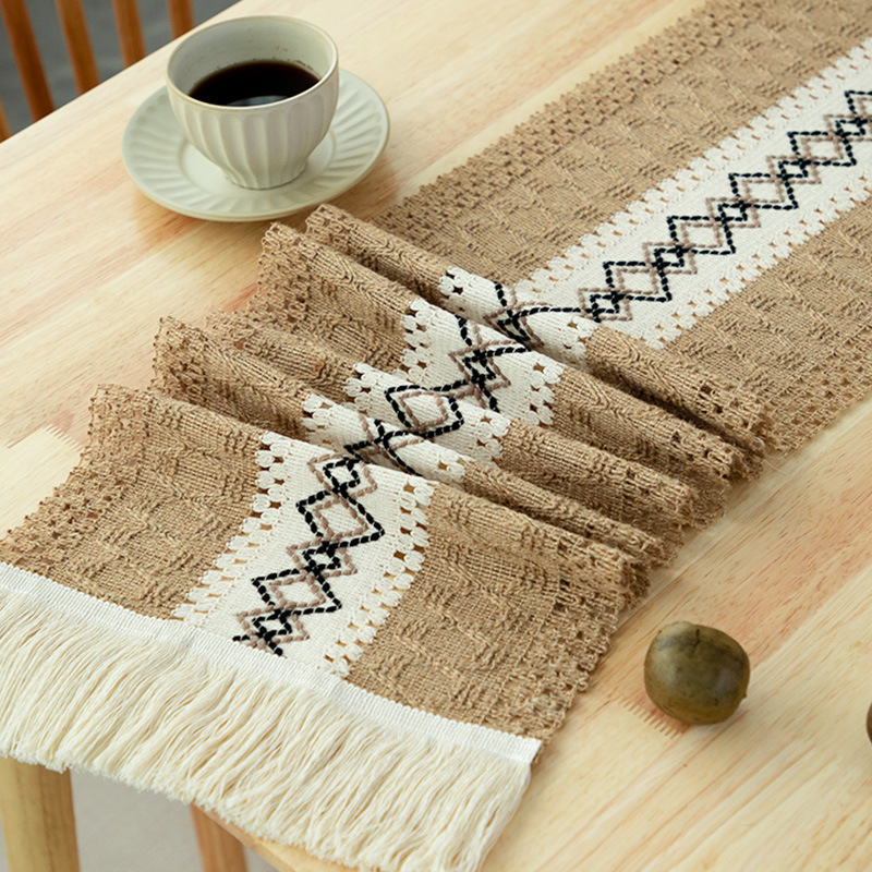 Table Runner 12x72 inch Hollow Macrame Burlap Linen Cotton Pattern Printed Knitted Dining Table Runner for Home Decor Table Flag