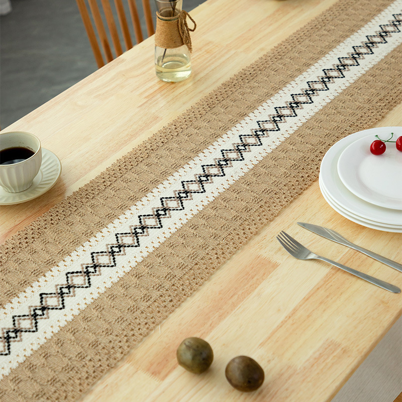 Table Runner 12x72 inch Hollow Macrame Burlap Linen Cotton Pattern Printed Knitted Dining Table Runner for Home Decor Table Flag