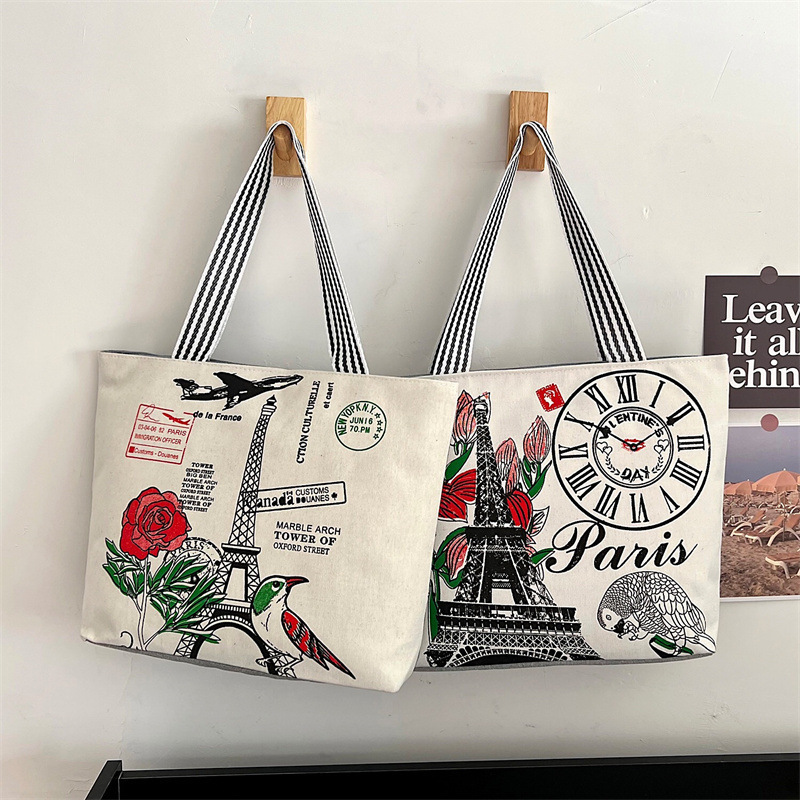 Large Space Women Canvas Handbag Zipper Shopping Shoulder Bag Paris Eiffel Tower Pattern Girls Beach Book Bag Custom Logo Purse