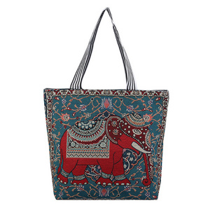 Custom Logo Embroidery Elephant Print Shopping Bag Bohemian Handbag Canvas Tote Bag Native Beach Ladies Shoulder Book Bag