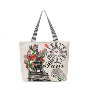 Large Space Women Canvas Handbag Zipper Shopping Shoulder Bag Paris Eiffel Tower Pattern Girls Beach Book Bag Custom Logo Purse