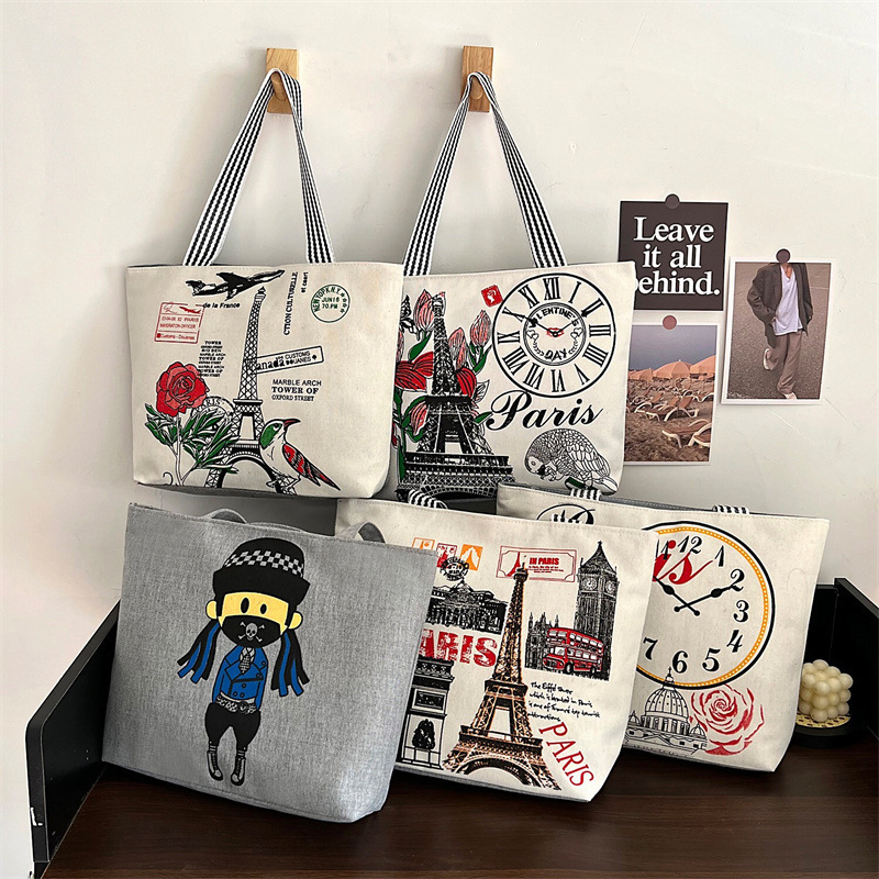 Large Space Women Canvas Handbag Zipper Shopping Shoulder Bag Paris Eiffel Tower Pattern Girls Beach Book Bag Custom Logo Purse