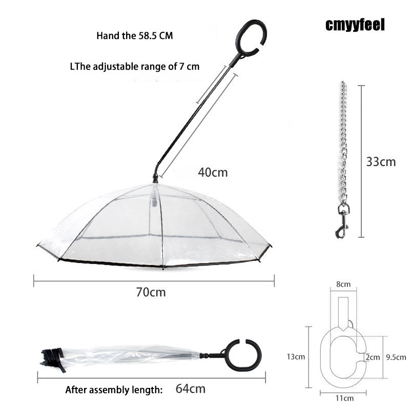 Transparent PET umbrella dog C-type umbrella pet articles adjustable dog walking traction rope in rainy days