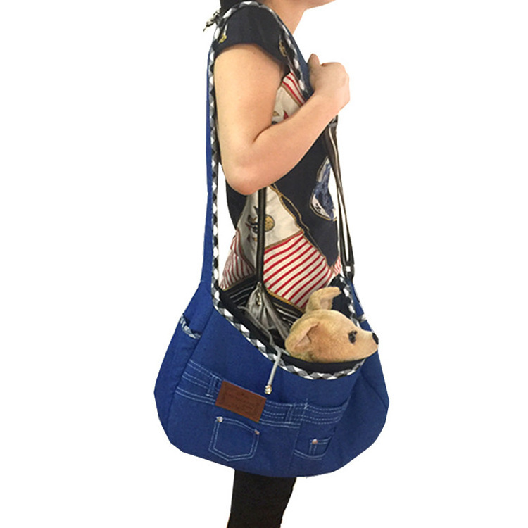 PortableDenim Bag Pet Messenger Bag Dog Backpack Washed Denim Shoulder Bag Cat Carrier