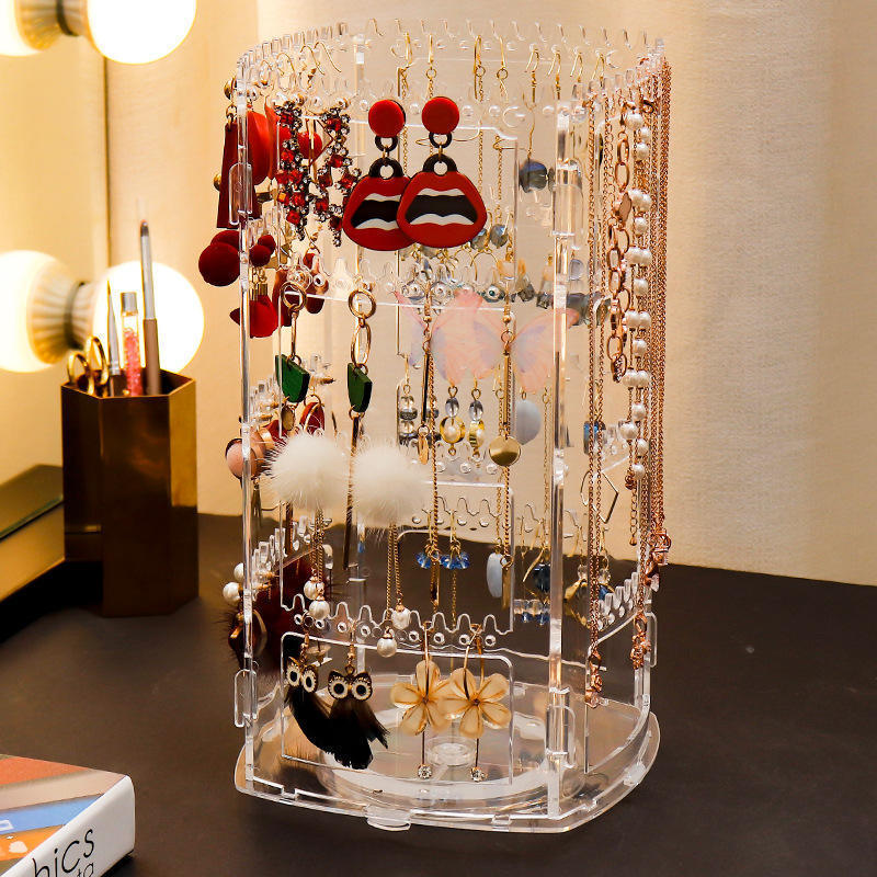 Earring Holder and Jewelry Organizer 360 Rotating Earring Organizer 4 Tier Acrylic Earring Display Stand Clear Jewelry Rack