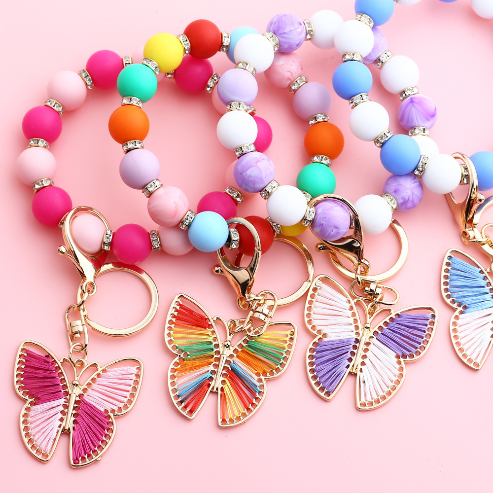 2024 Newest design wristlet keychain silicon beads bracelet metal butterfly accessories multi colors keychain for gift